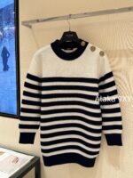 BALMAIN "Pure Desire Goddess Atmosphere" B  24 Autumn/Winter New Collection Round Neck Black and White Striped Diagonal Shoulder Metal Buckle Medium Long Striped Woolen Dress for Women
