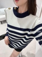 BALMAIN "Pure Desire Goddess Atmosphere" B  24 Autumn/Winter New Collection Round Neck Black and White Striped Diagonal Shoulder Metal Buckle Medium Long Striped Woolen Dress for Women - Image 12