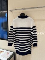 BALMAIN "Pure Desire Goddess Atmosphere" B  24 Autumn/Winter New Collection Round Neck Black and White Striped Diagonal Shoulder Metal Buckle Medium Long Striped Woolen Dress for Women - Image 20