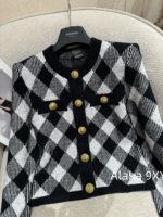BALMAIN autumn and winter new collection  temperament black and white diamond grid round neck cardiganhip hugging skirt for women to show off their weight and figure. - Image 4