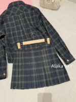 MIUMIU ""American retro campus style outfit ” 2024 Autumn/Winter New Collection Initial Sheer Wool Material   Collar plaid metal button shirt set for women - Image 14