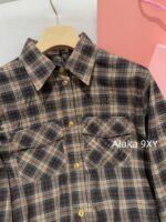 MIUMIU ""American retro campus style outfit ” 2024 Autumn/Winter New Collection Initial Sheer Wool Material   Collar plaid metal button shirt set for women - Image 17