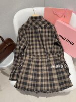 MIUMIU ""American retro campus style outfit ” 2024 Autumn/Winter New Collection Initial Sheer Wool Material   Collar plaid metal button shirt set for women - Image 23