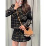 MIUMIU ""American retro campus style outfit ” 2024 Autumn/Winter New Collection Initial Sheer Wool Material   Collar plaid metal button shirt set for women - Image 28