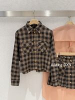 MIUMIU ""American retro campus style outfit ” 2024 Autumn/Winter New Collection Initial Sheer Wool Material   Collar plaid metal button shirt set for women - Image 41