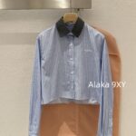 MIUMIU 2024 Autumn/Winter New French Academy Style Reduced Age Collar Striped Cotton Short Shirt Top for Women