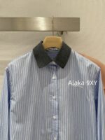 MIUMIU 2024 Autumn/Winter New French Academy Style Reduced Age Collar Striped Cotton Short Shirt Top for Women - Image 12