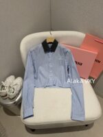 MIUMIU 2024 Autumn/Winter New French Academy Style Reduced Age Collar Striped Cotton Short Shirt Top for Women - Image 17