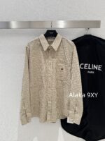 CELINE 2024 Autumn/Winter Collection   Boyfriend style khaki plaid jacquard slimming shirt top for women