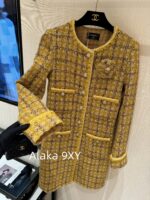 Chanel   2024a autumn and winter new highend custom handmade workshop series  imported yellow camellia coarse woolen yarn woven dress jacket for women. 100 silk lining - Image 25