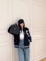 CELINE American casual sportswear outfit  classic  Letter logo hooded zipper design, color blocked embroidery jacquard knitted wool cardigan jacket. Same gender design