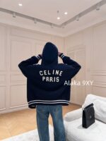 CELINE American casual sportswear outfit  classic  Letter logo hooded zipper design, color blocked embroidery jacquard knitted wool cardigan jacket. Same gender design - Image 4