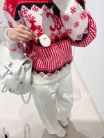 CELINE   2024 Autumn/Winter New "Christmas Limited Edition Series" Red Envelope Color blocked Kai Xuan Men Round Neck Wool Knitted Head Sweater for Women. - Image 13
