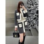 CELINE   2024 Autumn/Winter Fashion Collection French style light luxury temperament highend woolen material gray equestrian suit set jacket for women. Short skirt - Image 9