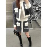 CELINE   2024 Autumn/Winter Fashion Collection French style light luxury temperament highend woolen material gray equestrian suit set jacket for women. Short skirt - Image 10