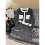 CELINE   2024 Autumn/Winter Fashion Collection French style light luxury temperament highend woolen material gray equestrian suit set jacket for women. Short skirt - Image 15