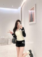 miumiu   24 Early Autumn New Collection  Black and white color blocked chest embroidered letter logo, lapel zipper wool knitted cardigan jacket for women - Image 10