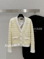 BALMAIN2024 early autumn new product French socialite style "pure desire" highend feeling cream color series  Weaving elegant Vneck knitted cardigan jacket - Image 5