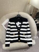 BALMAIN2024ss Early Autumn New Collection  High Version Classic Black and White Striped Metal Buckle VNeck Padded Shoulder Knitted Cardigan Coat for Women. - Image 10