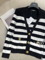 BALMAIN2024ss Early Autumn New Collection  High Version Classic Black and White Striped Metal Buckle VNeck Padded Shoulder Knitted Cardigan Coat for Women. - Image 11