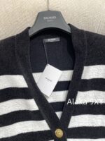 BALMAIN2024ss Early Autumn New Collection  High Version Classic Black and White Striped Metal Buckle VNeck Padded Shoulder Knitted Cardigan Coat for Women. - Image 12
