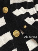 BALMAIN2024ss Early Autumn New Collection  High Version Classic Black and White Striped Metal Buckle VNeck Padded Shoulder Knitted Cardigan Coat for Women. - Image 16