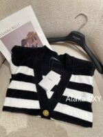 BALMAIN2024ss Early Autumn New Collection  High Version Classic Black and White Striped Metal Buckle VNeck Padded Shoulder Knitted Cardigan Coat for Women. - Image 20