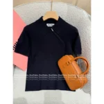 miumiu 25SS Early Fall Collection 🔛 Women's Navy Cashmere Polo Tee - Zip-Up Collared Short Sleeve w/ Imported Goat Wool