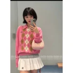 miumiu 2025SS Early Fall Collection 🎀 Argyle Jacquard Cardigan - Preppy Notch Collar w/ Embroidered Logo & Cashmere Blend