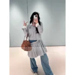 miumiu 25SS Early Autumn New Collection Colorblock Vertical Stripe Embroidered Letter Logo Detachable Shirt Dress for Women