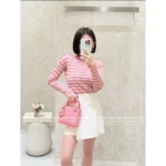Dior 2025 Early Fall Collection 🎀 Pink Striped Wool Blend Sweater - Round Neck with Shoulder Stud Details