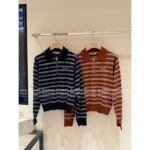 miumiu 2025 SS Early Fall New Collection ❕ Jacquard Letter Logo Striped Wool Knit Polo Sweater with Zipper Design