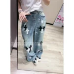 CHROME HEARTS 🖤 2025 Early Fall New Collection — Colorblock Leather Cross Logo High-Waist Slimming Enzyme-Washed Wide-Leg Jeans