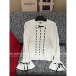 VALENTINO 2025SS Early Fall Collection 🎀 Bow Tie Ribbon Knit Sweater - 100% Wool Cable Knit Pullover with Lace Detailing - Image 3