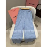 miumiu 2025SS Early Fall Collection 🩵 High-Waisted Stripe Pants - Slimming Vertical Stripe w/ Logo Pocket - Image 6