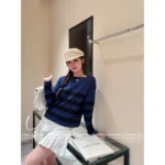 miumiu 2025SS Early Fall Collection 💙 Navy Letter Logo Stripe Tee - Color-Block Long Sleeve Cotton Shirt