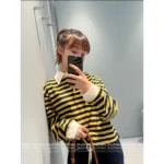 miumiu 2025SS Early Fall Collection 💛 Yellow Striped Letter Logo Polo-Collar Long-Sleeve Crop Hoodie - Fake Two-Piece Design