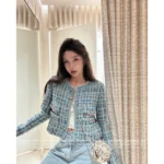 Chanel 25A Peacock Green Woven Tweed 🦚 Cropped Blazer w/ Pockets - Imported Bouclé Jacket (Women’s Luxe Atelier Collection)