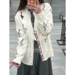 THOM BROWNE  2025 Early Fall Collection 🦢 Goose Jacquard Logo White V-Neck Cardigan - Women's Wool Blend Knit Cover-Up