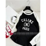 CELINE 25SS Early Fall Collection 🐼 Women's Color-Block Logo Cotton Long-Sleeve Tee - Round Neck Pullover Top