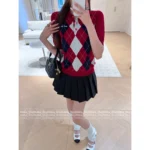 miumiu 25SS Early Fall Collection ♥️ Women's Red Argyle Polo Shirt - American Retro Jacquard Logo & Short Sleeve