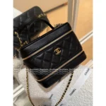 Chanel 2025B Runway Collection 🖤 Black/Gold "Makeup Box" Bag - Medal Logo w/ Detachable Chain ⛓️ (Pebbled Leather)