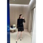 Chanel 2025B Early Fall Collection 🖤 Gold-Thread Embroidered Dress - Crystal Logo Round Neck Relaxed Fit