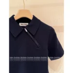 miumiu 25SS Early Fall Collection 🔛 Women's Navy Cashmere Polo Tee - Zip-Up Collared Short Sleeve w/ Imported Goat Wool - Image 4