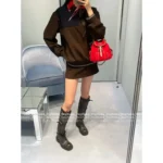 miumiu 2025SS Early Fall Collection 🤎 Maillard Color-Block Hoodie - Zip-Up Notch Collar Pullover & Brown Knit Skirt - Image 7