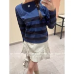 miumiu 2025SS Early Fall Collection 💙 Navy Letter Logo Stripe Tee - Color-Block Long Sleeve Cotton Shirt - Image 4