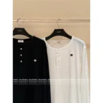 Celine 25SS Early Fall Collection 🔎 100% Comfort Cotton Tee - Embroidered Logo Round Neck Button-Detail Long Sleeve - Image 16