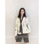 THOM BROWNE  2025 Early Fall Collection 🦢 Goose Jacquard Logo White V-Neck Cardigan - Women's Wool Blend Knit Cover-Up - Image 11