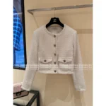 Chanel 2025B Early Fall Collection 🤍 Minimalist White Tweed Coat - Round Neck Woven Jacket w/ Textured Bouclé - Image 15