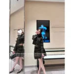 Chanel 2025B Fall/Winter Haute Atelier Collection 🍂 Black-Gold-Brown Tweed Set - Herringbone Weave Coat & Skirt - Image 7